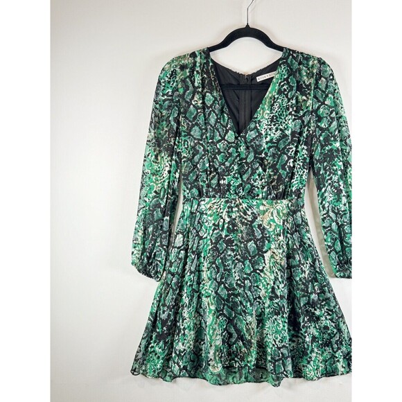 Alice Olivia Dress Green Rita Silk Mini Fit Flare Snakeskin V Neck A Line Size 4 - Picture 6 of 13
